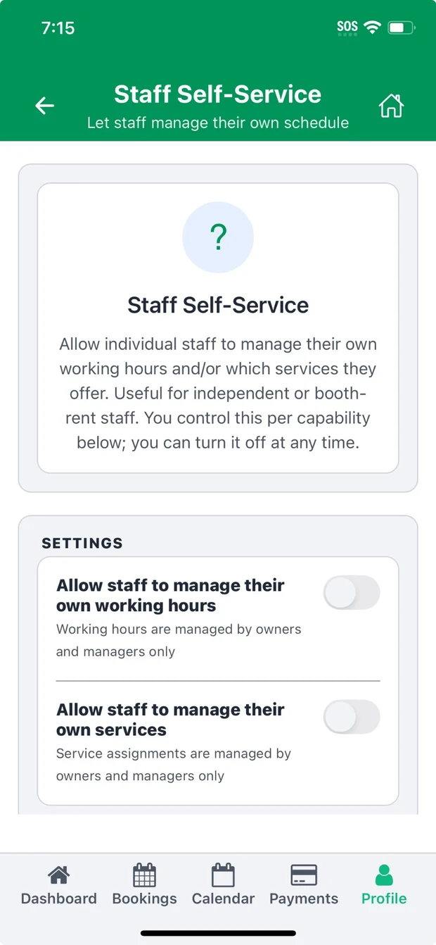 Quelboo business staff settings screen