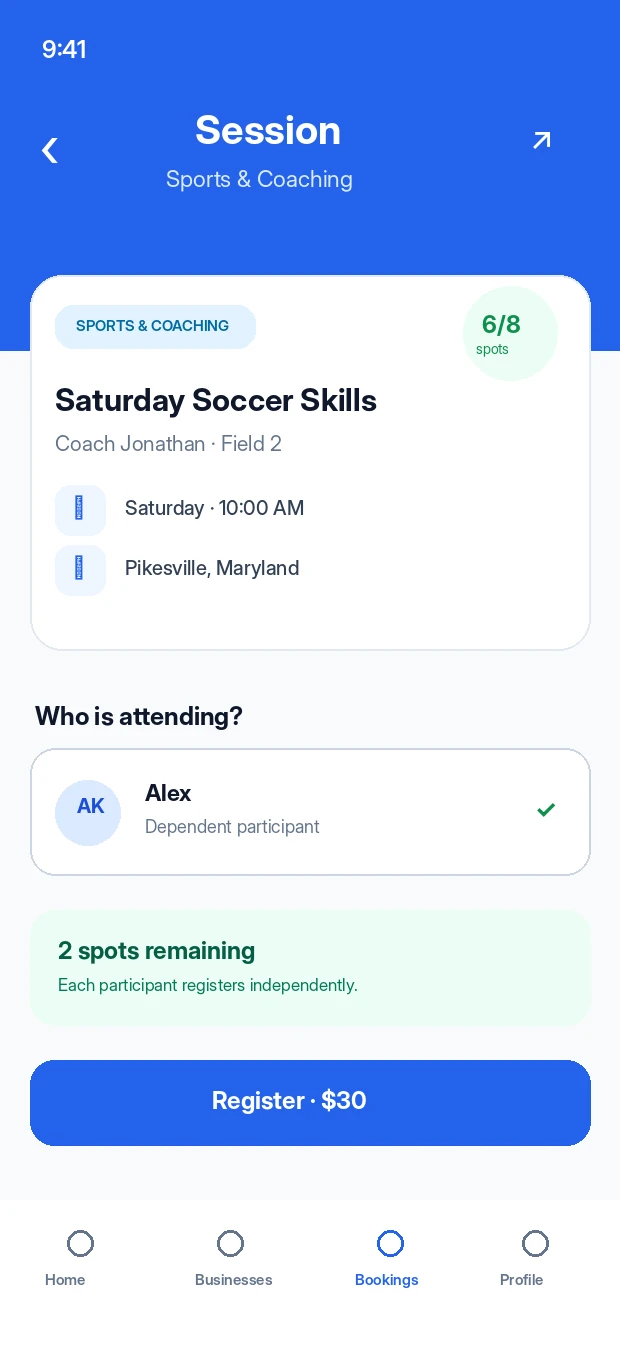 Session registration experience